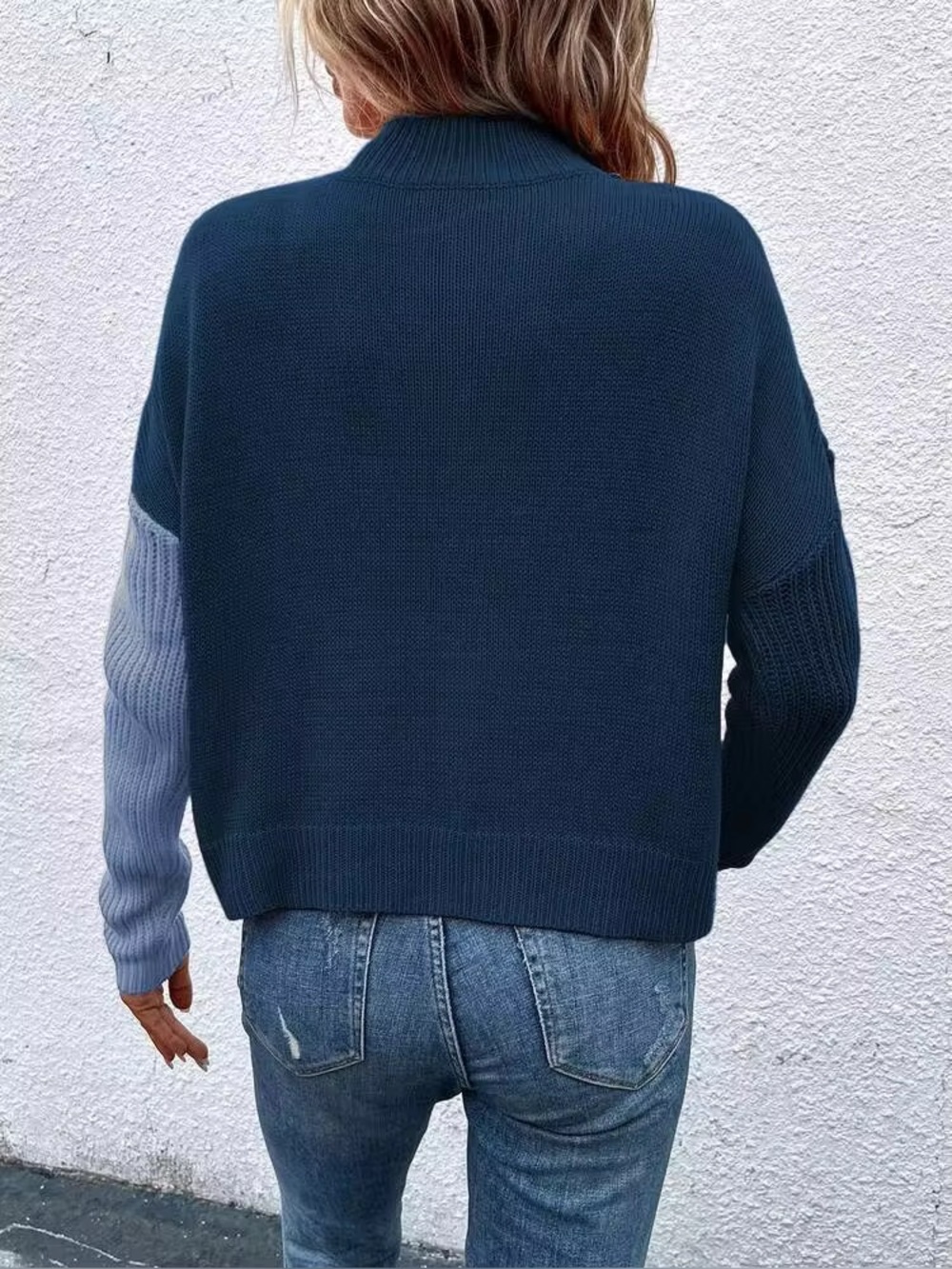 Split-Front Contrast Mock Neck Sweater - Picture 5 of 11